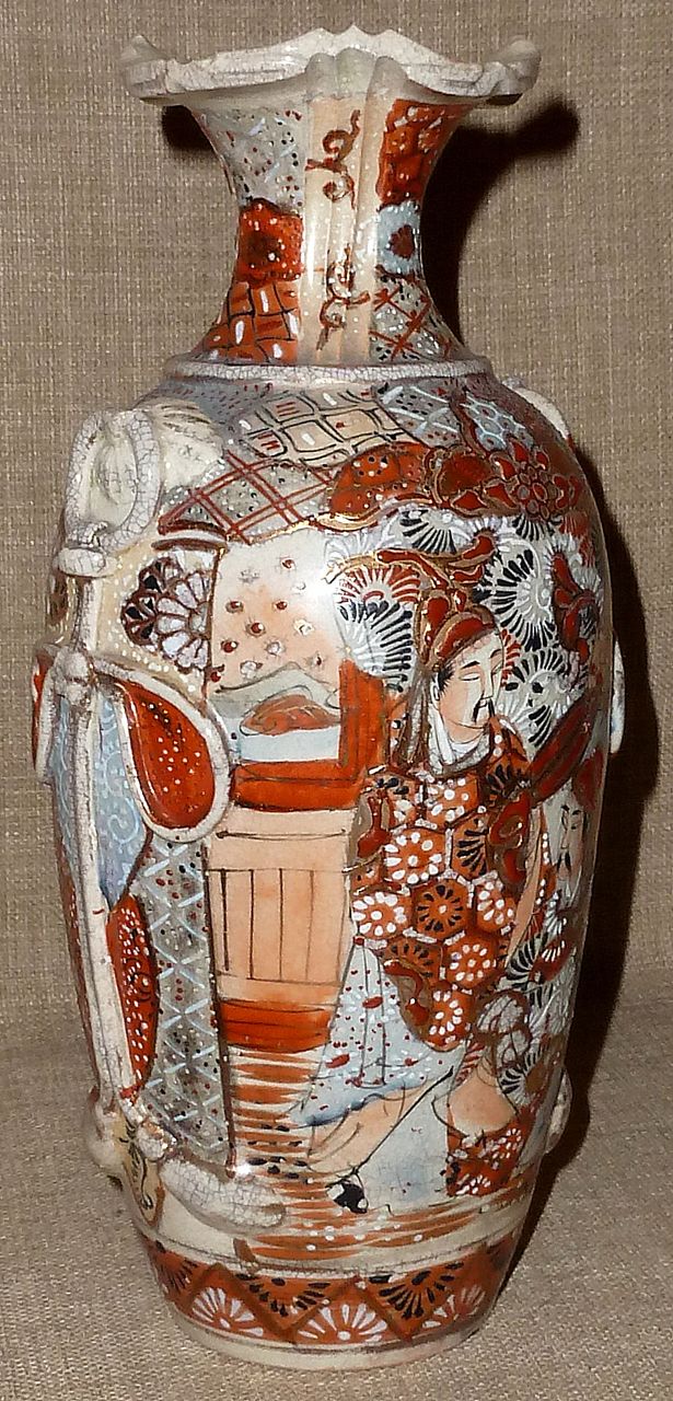 Signed 1800s 10" Japanese Meiji Period Satsuma Vase w/Moriage & Enamel Signed 1800s 10" Japanese Meiji Period Satsuma Vase w/Moriage & Enamel