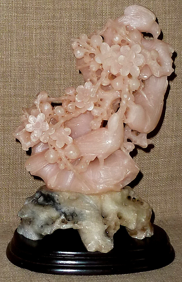 8" Antique Hand Carved Rose Soapstone Sculpture - Birds, Flowers & Cherries 8" Antique Hand Carved Rose Soapstone Sculpture - Birds, Flowers & Cherries