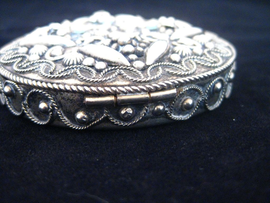 Repousse Silver Jeweled Compact with Mirror Repousse Silver Jeweled Compact with Mirror