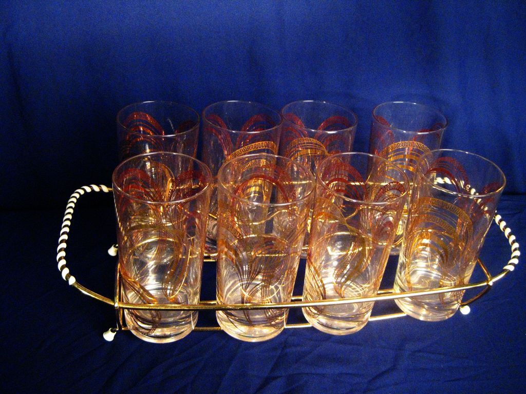 Set of 8 Gay Fad Glasses with Caddy or Tray - Mid-Century Modern Set of 8 Gay Fad Glasses with Caddy or Tray - Mid-Century Modern