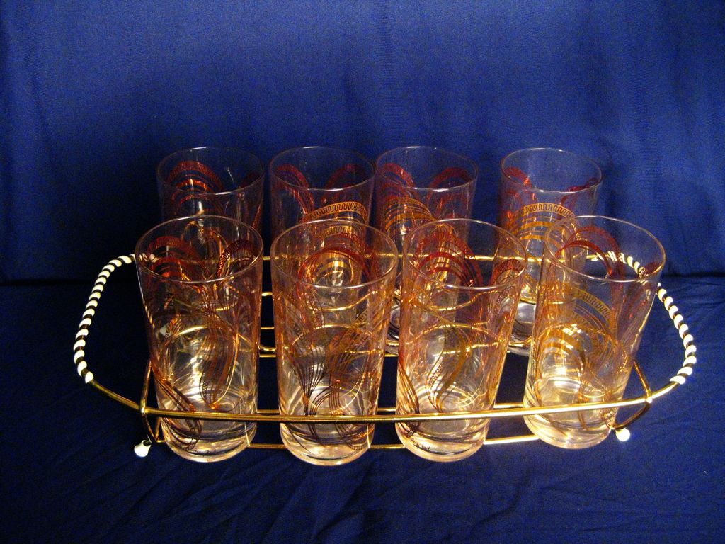 Set of 8 Gay Fad Glasses with Caddy or Tray - Mid-Century Modern Set of 8 Gay Fad Glasses with Caddy or Tray - Mid-Century Modern