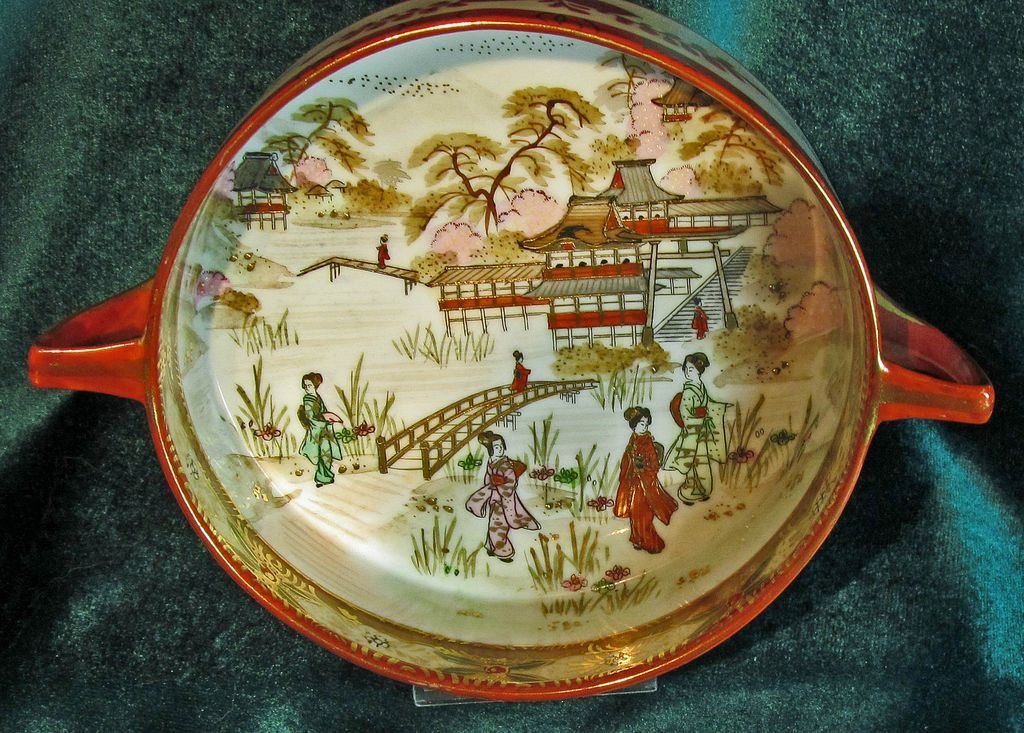 Nippon Hand Painted Handled Bowl Geisha Girls in Garden Nippon Hand Painted Handled Bowl Geisha Girls in Garden