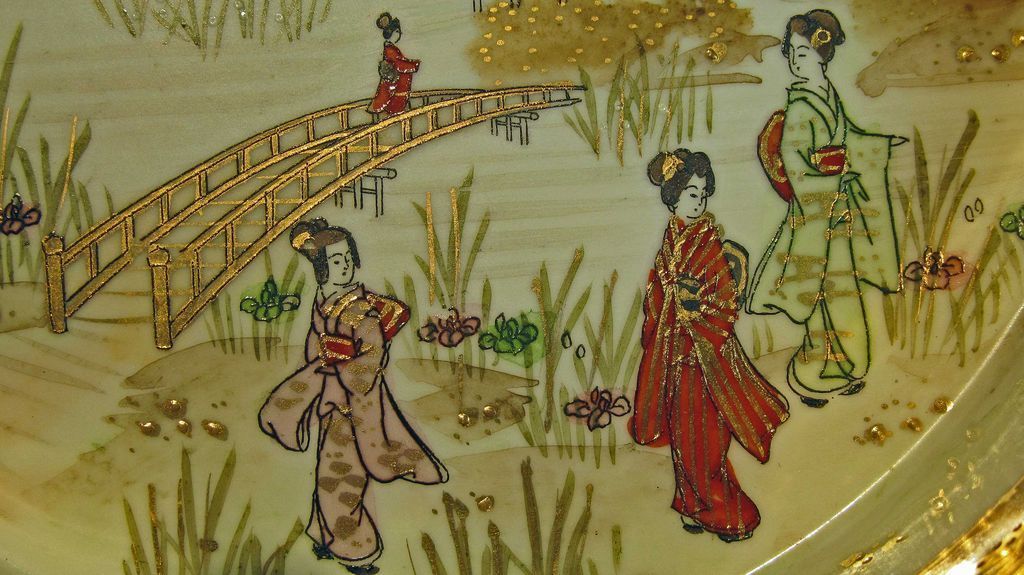 Nippon Hand Painted Handled Bowl Geisha Girls in Garden Nippon Hand Painted Handled Bowl Geisha Girls in Garden