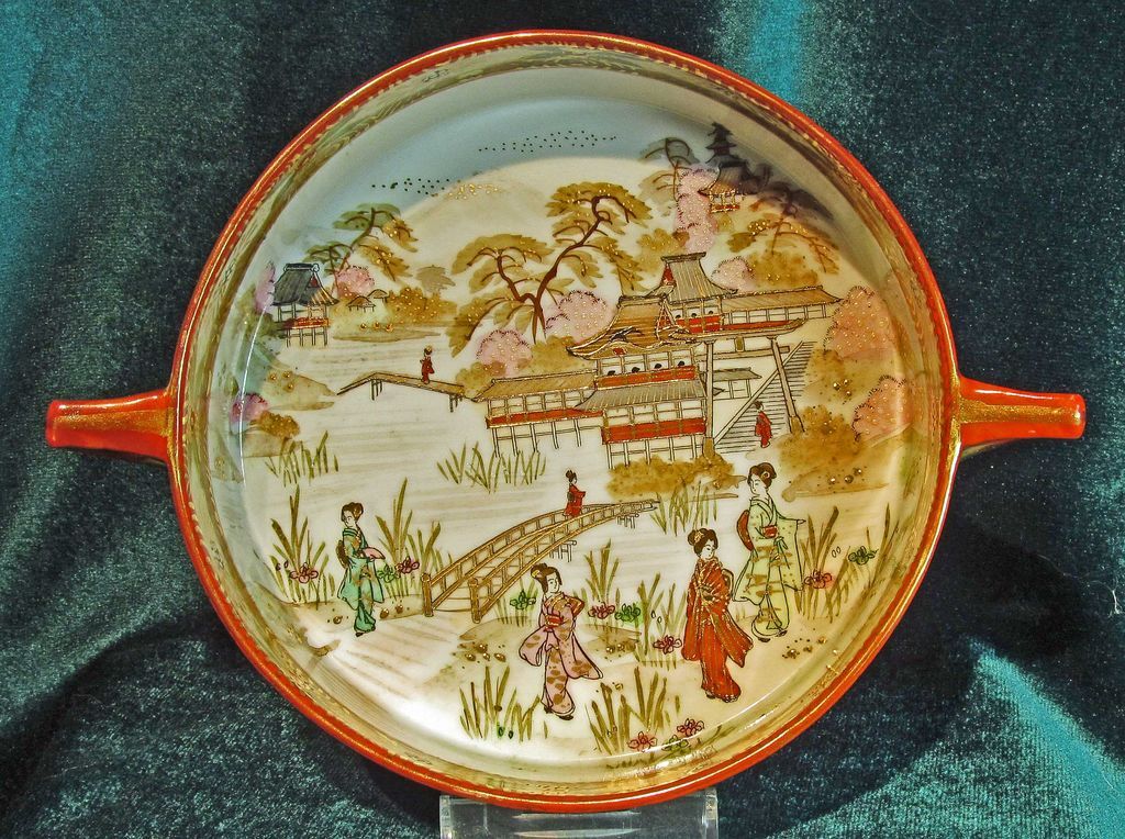 Nippon Hand Painted Handled Bowl Geisha Girls in Garden Nippon Hand Painted Handled Bowl Geisha Girls in Garden