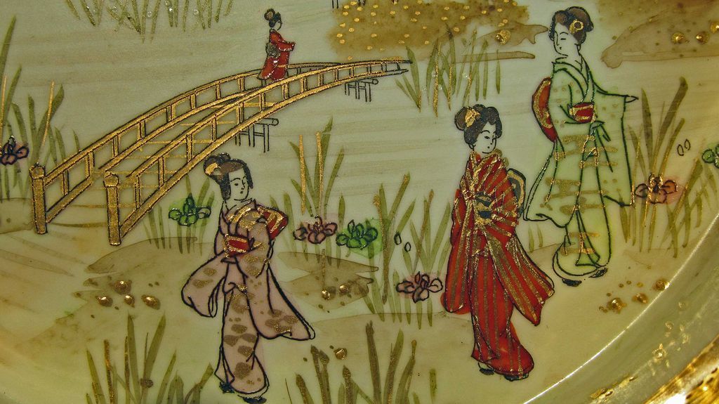 Nippon Hand Painted Handled Bowl Geisha Girls in Garden Nippon Hand Painted Handled Bowl Geisha Girls in Garden