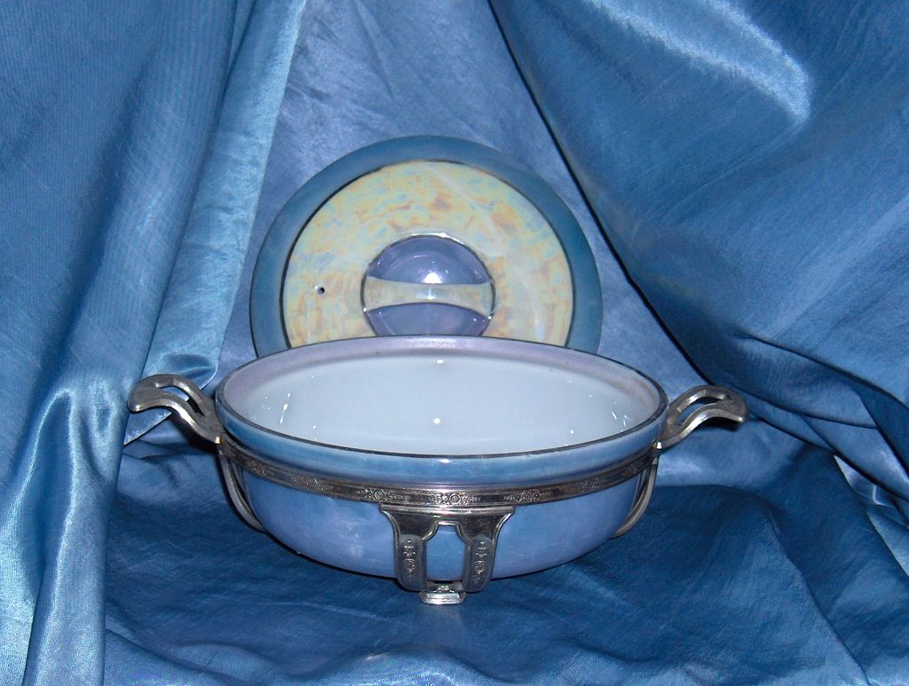 Royal Rochester Fraunfelter Lusterware Cobalt Dish with Lid and Metal Stand Royal Rochester Fraunfelter Lusterware Cobalt Dish with Lid and Metal Stand
