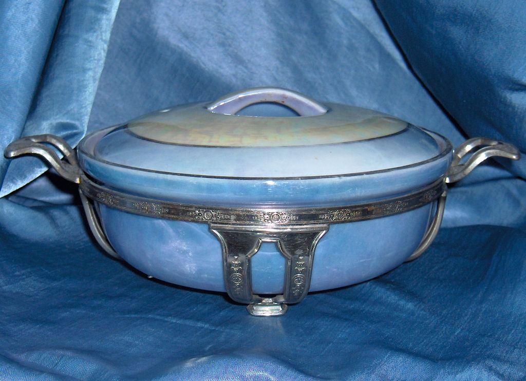 Royal Rochester Fraunfelter Lusterware Cobalt Dish with Lid and Metal Stand Royal Rochester Fraunfelter Lusterware Cobalt Dish with Lid and Metal Stand