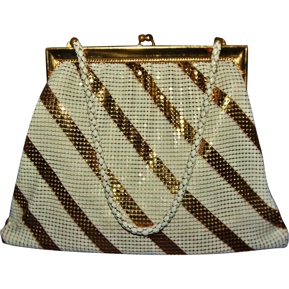 Vintage Whiting Davis White & Gold Striped Enamel Mesh Purse Vintage Whiting Davis White & Gold Striped Enamel Mesh Purse