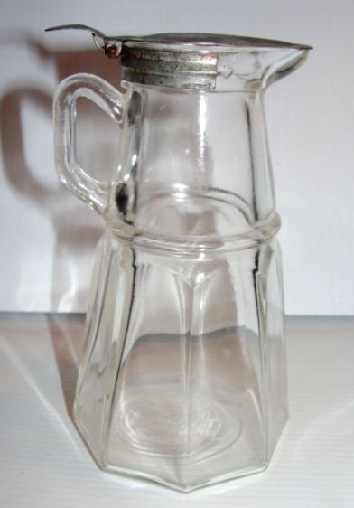 Clear Glass Depression Glass Syrup Pitcher with Tin Lid Clear Glass Depression Glass Syrup Pitcher with Tin Lid