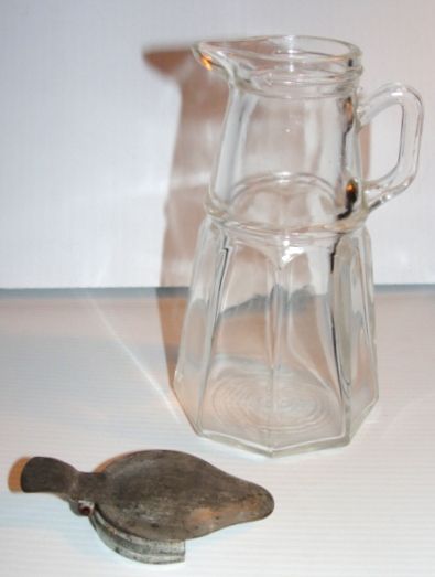 Clear Glass Depression Glass Syrup Pitcher with Tin Lid Clear Glass Depression Glass Syrup Pitcher with Tin Lid