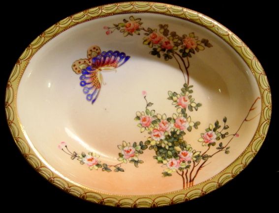Ornate Oval Nippon Bowl with Beautiful Flowers & Butterfly Ornate Oval Nippon Bowl with Beautiful Flowers & Butterfly