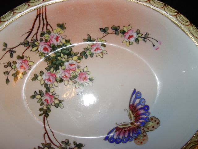 Ornate Oval Nippon Bowl with Beautiful Flowers & Butterfly Ornate Oval Nippon Bowl with Beautiful Flowers & Butterfly
