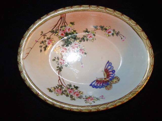 Ornate Oval Nippon Bowl with Beautiful Flowers & Butterfly Ornate Oval Nippon Bowl with Beautiful Flowers & Butterfly