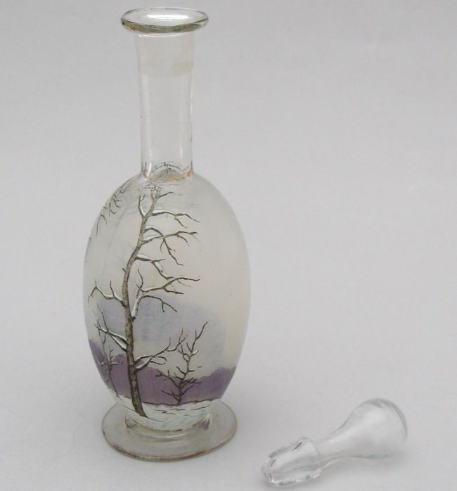 Antique French Enameled Glass Wine Carafe Decanter by Legras "Winter" Antique French Enameled Glass Wine Carafe Decanter by Legras "Winter"