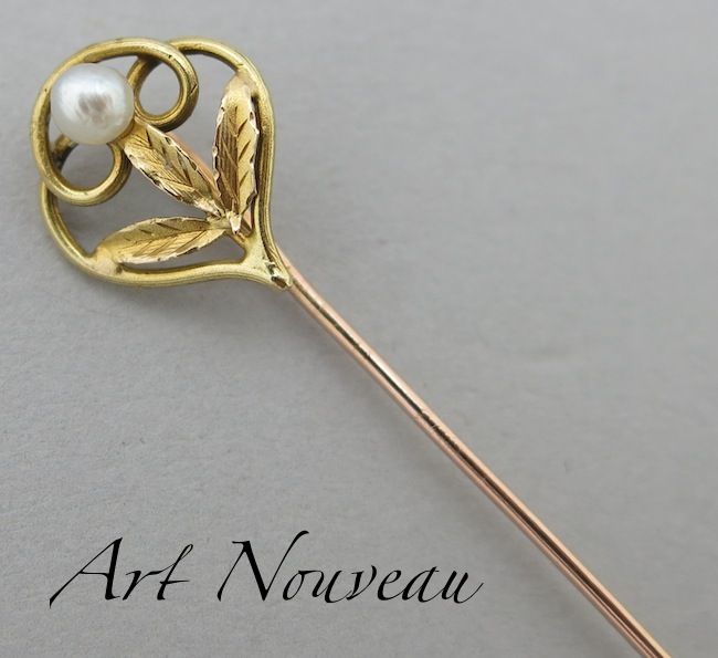 Early 20C French 18K Gold & Pearl Tie/Hat/Lapel Stick Pin Art Nouveau Style Early 20C French 18K Gold & Pearl Tie/Hat/Lapel Stick Pin Art Nouveau Style