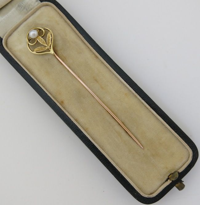 Early 20C French 18K Gold & Pearl Tie/Hat/Lapel Stick Pin Art Nouveau Style Early 20C French 18K Gold & Pearl Tie/Hat/Lapel Stick Pin Art Nouveau Style