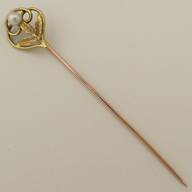 Early 20C French 18K Gold & Pearl Tie/Hat/Lapel Stick Pin Art Nouveau Style Early 20C French 18K Gold & Pearl Tie/Hat/Lapel Stick Pin Art Nouveau Style