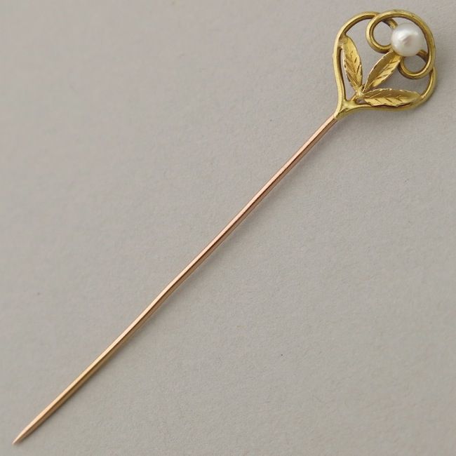 Early 20C French 18K Gold & Pearl Tie/Hat/Lapel Stick Pin Art Nouveau Style Early 20C French 18K Gold & Pearl Tie/Hat/Lapel Stick Pin Art Nouveau Style