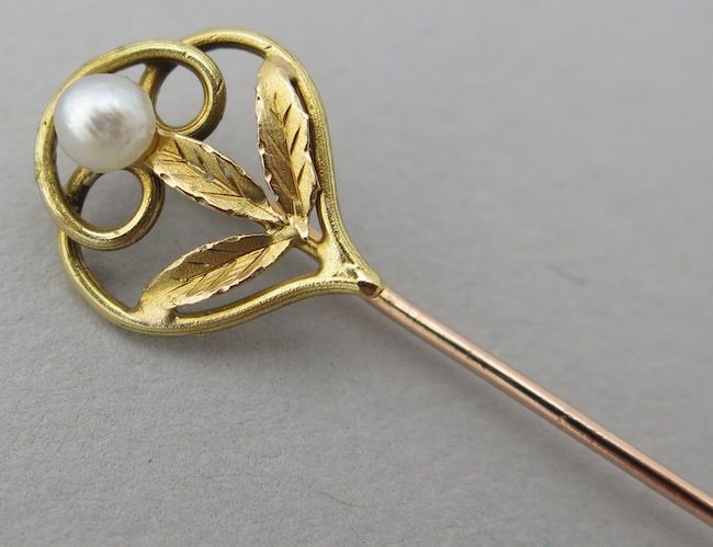 Early 20C French 18K Gold & Pearl Tie/Hat/Lapel Stick Pin Art Nouveau Style Early 20C French 18K Gold & Pearl Tie/Hat/Lapel Stick Pin Art Nouveau Style