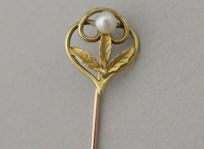 Early 20C French 18K Gold & Pearl Tie/Hat/Lapel Stick Pin Art Nouveau Style Early 20C French 18K Gold & Pearl Tie/Hat/Lapel Stick Pin Art Nouveau Style