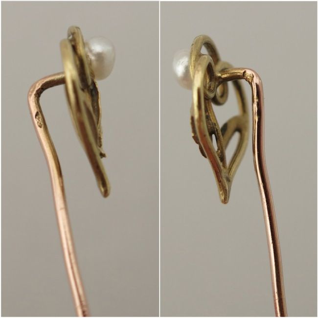 Early 20C French 18K Gold & Pearl Tie/Hat/Lapel Stick Pin Art Nouveau Style Early 20C French 18K Gold & Pearl Tie/Hat/Lapel Stick Pin Art Nouveau Style