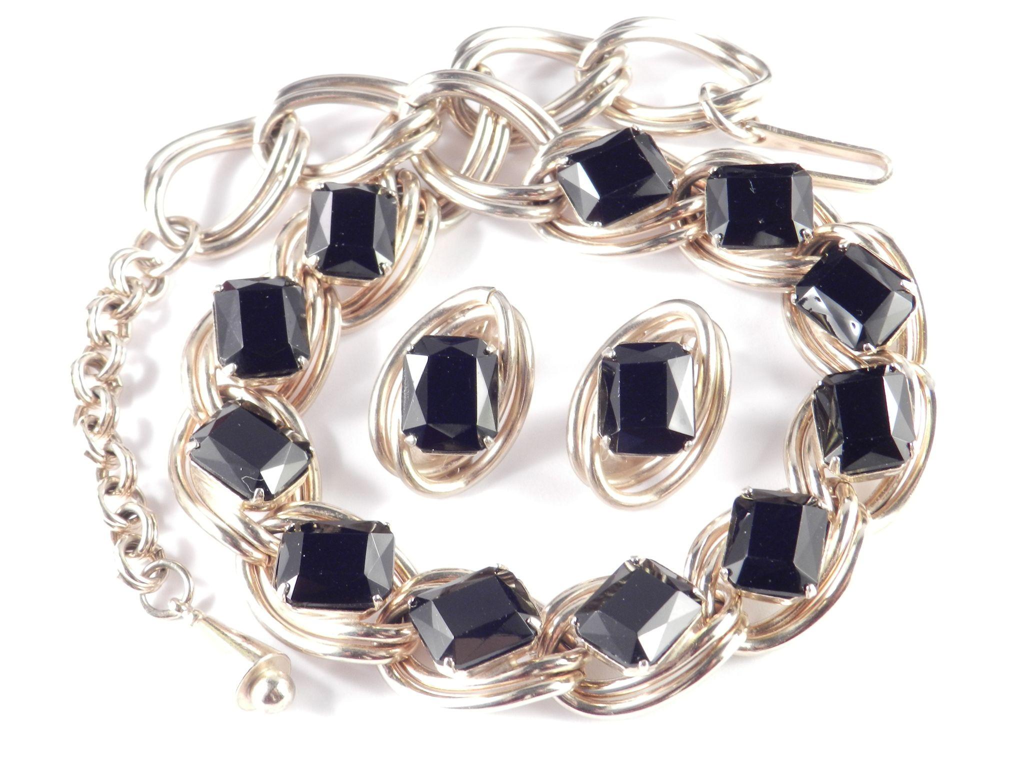 Vintage Jet Black Art Glass Rhinestone Necklace Earrings Demi Parure Set Vintage Jet Black Art Glass Rhinestone Necklace Earrings Demi Parure Set