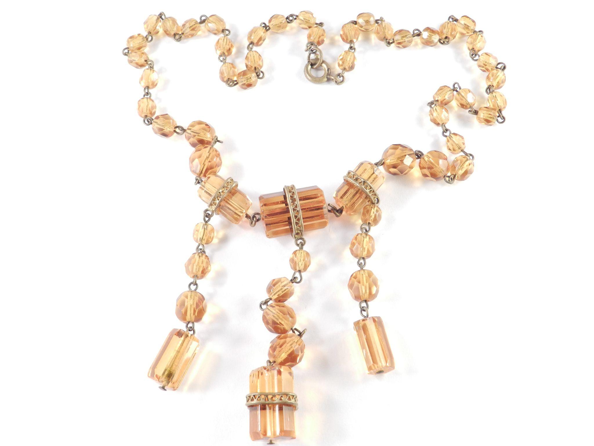 Deco Art Glass / Barrel Bead Triple Dangle Necklace Deco Art Glass / Barrel Bead Triple Dangle Necklace