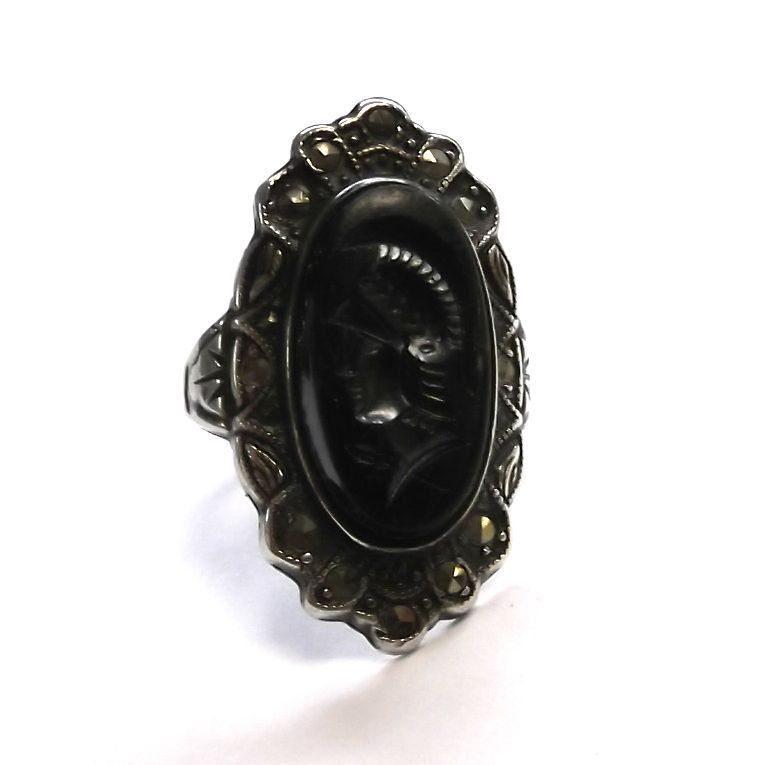 Vintage Onyx Liberty Roman Head Cameo Marcasite Sterling Silver Ring Vintage Onyx Liberty Roman Head Cameo Marcasite Sterling Silver Ring
