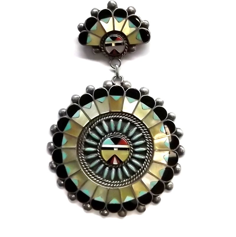 Zuni Sunface with Inlay Turquoise MOP Coral Jet Silver Pin Pendant made by Benji S. Tzuni Zuni Sunface with Inlay Turquoise MOP Coral Jet Silver Pin Pendant made by Benji S. Tzuni