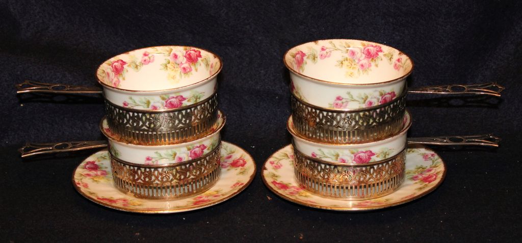 Set of 4 Limoges Rose Ramekins with Sterling Holders Marshall Fields Set of 4 Limoges Rose Ramekins with Sterling Holders Marshall Fields