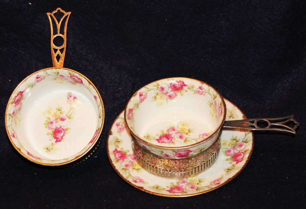Set of 4 Limoges Rose Ramekins with Sterling Holders Marshall Fields Set of 4 Limoges Rose Ramekins with Sterling Holders Marshall Fields