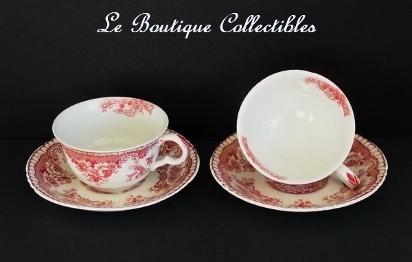 John Maddock Tea & Saucer Royal Vitreous Bombay England Red Antique Set of Two John Maddock Tea & Saucer Royal Vitreous Bombay England Red Antique Set of Two
