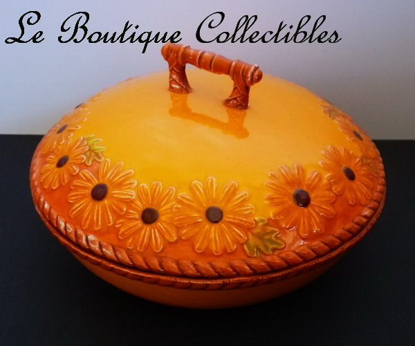 Eclectic Porcelain 9" Round Two Tone Orange Tureen with Daisy and Leaf Eclectic Porcelain 9" Round Two Tone Orange Tureen with Daisy and Leaf