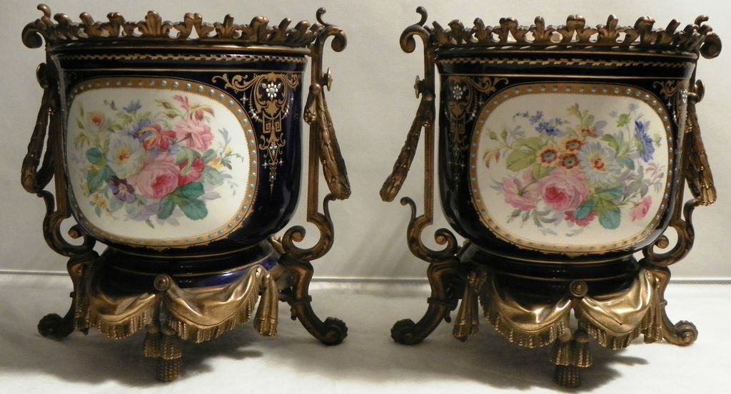 Pair of European Enamel on Copper Jardineres Late 19th Century Pair of European Enamel on Copper Jardineres Late 19th Century