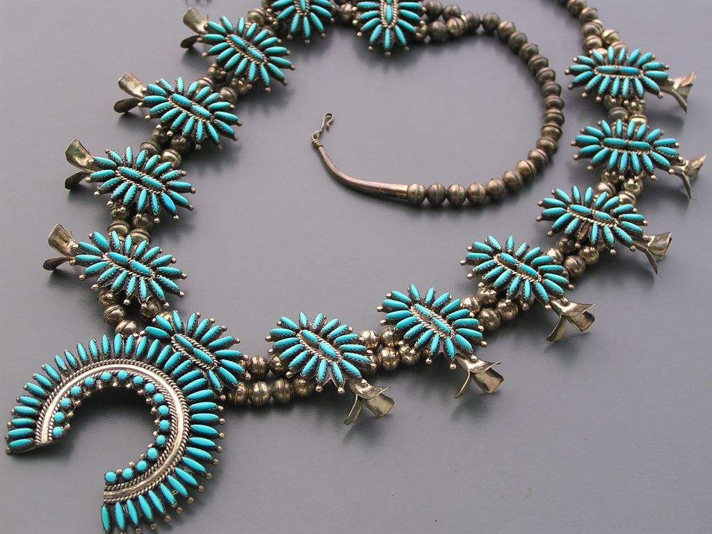 Vintage Zuni Nathaniel and Rosemary Nez Petit Point Turquoise Sterling Silver Squash Blossom Necklace Vintage Zuni Nathaniel and Rosemary Nez Petit Point Turquoise Sterling Silver Squash Blossom Necklace