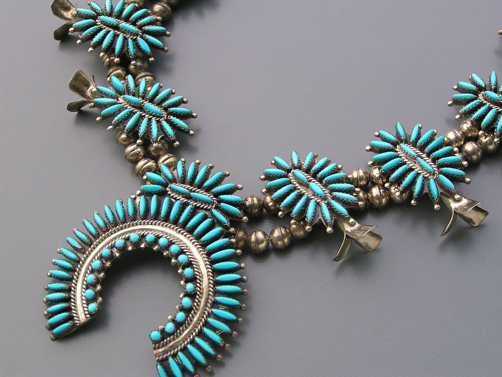 Vintage Zuni Nathaniel and Rosemary Nez Petit Point Turquoise Sterling Silver Squash Blossom Necklace Vintage Zuni Nathaniel and Rosemary Nez Petit Point Turquoise Sterling Silver Squash Blossom Necklace