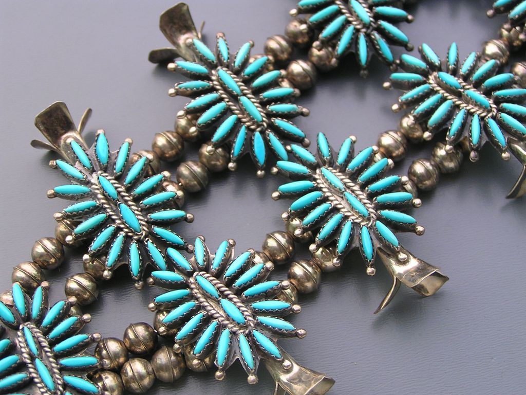 Vintage Zuni Nathaniel and Rosemary Nez Petit Point Turquoise Sterling Silver Squash Blossom Necklace Vintage Zuni Nathaniel and Rosemary Nez Petit Point Turquoise Sterling Silver Squash Blossom Necklace
