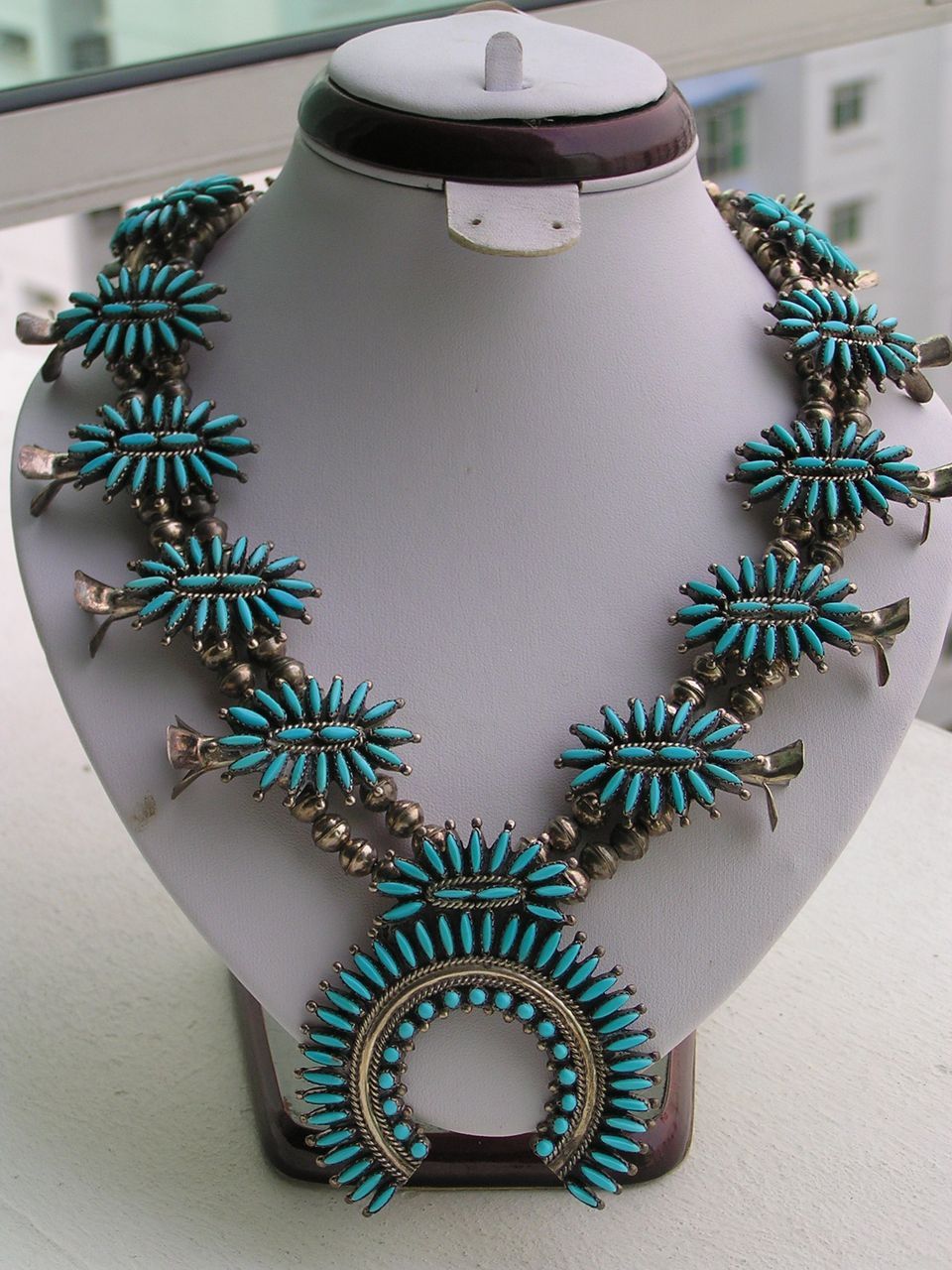 Vintage Zuni Nathaniel and Rosemary Nez Petit Point Turquoise Sterling Silver Squash Blossom Necklace Vintage Zuni Nathaniel and Rosemary Nez Petit Point Turquoise Sterling Silver Squash Blossom Necklace