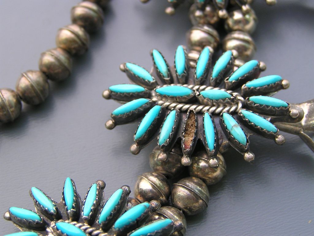 Vintage Zuni Nathaniel and Rosemary Nez Petit Point Turquoise Sterling Silver Squash Blossom Necklace Vintage Zuni Nathaniel and Rosemary Nez Petit Point Turquoise Sterling Silver Squash Blossom Necklace