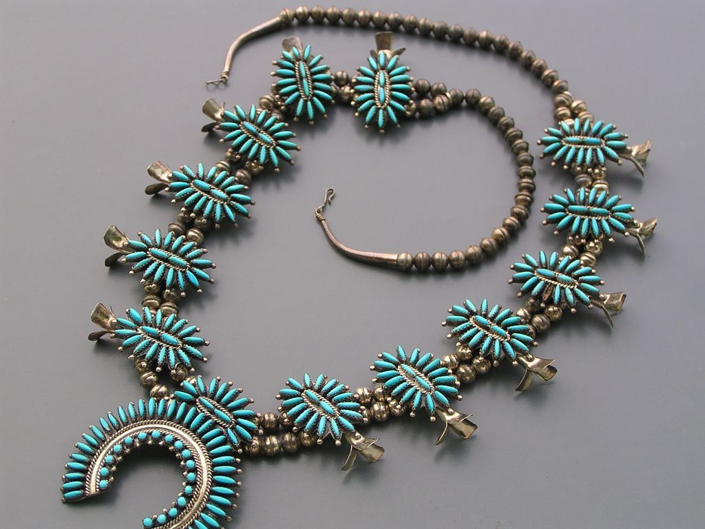 Vintage Zuni Nathaniel and Rosemary Nez Petit Point Turquoise Sterling Silver Squash Blossom Necklace Vintage Zuni Nathaniel and Rosemary Nez Petit Point Turquoise Sterling Silver Squash Blossom Necklace