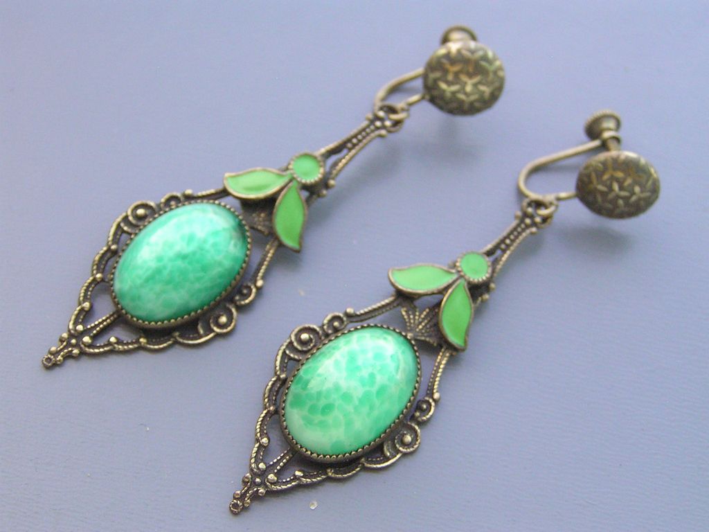 Vintage Art Deco Peking Glass Enamel Pendant Necklace Earrings Demi Vintage Art Deco Peking Glass Enamel Pendant Necklace Earrings Demi