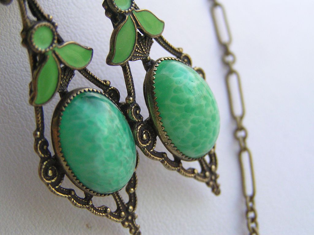 Vintage Art Deco Peking Glass Enamel Pendant Necklace Earrings Demi Vintage Art Deco Peking Glass Enamel Pendant Necklace Earrings Demi