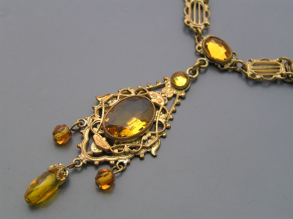 Vintage Art Deco Czech Vauxhall Mirror Amber Glass Pendant Necklace Vintage Art Deco Czech Vauxhall Mirror Amber Glass Pendant Necklace