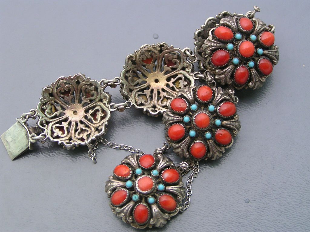 Wide Antique Austro Hungarian Silver Ox Blood Coral Cluster Bracelet Wide Antique Austro Hungarian Silver Ox Blood Coral Cluster Bracelet