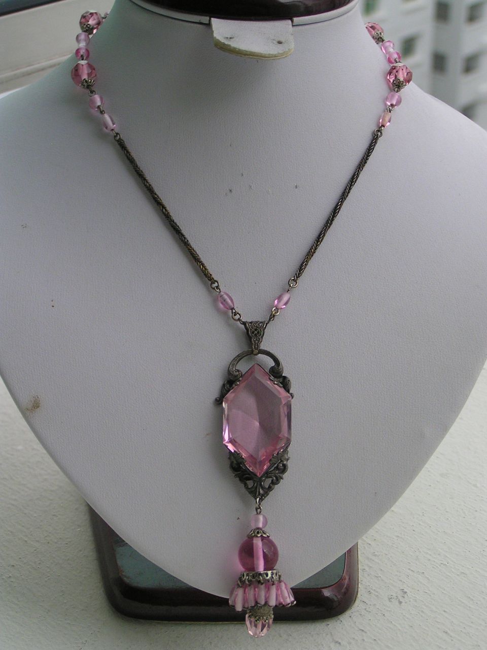 Vintage Art Deco Pink Crystal Glass Signed Czech Tassel Sautoir Flapper Necklace Vintage Art Deco Pink Crystal Glass Signed Czech Tassel Sautoir Flapper Necklace