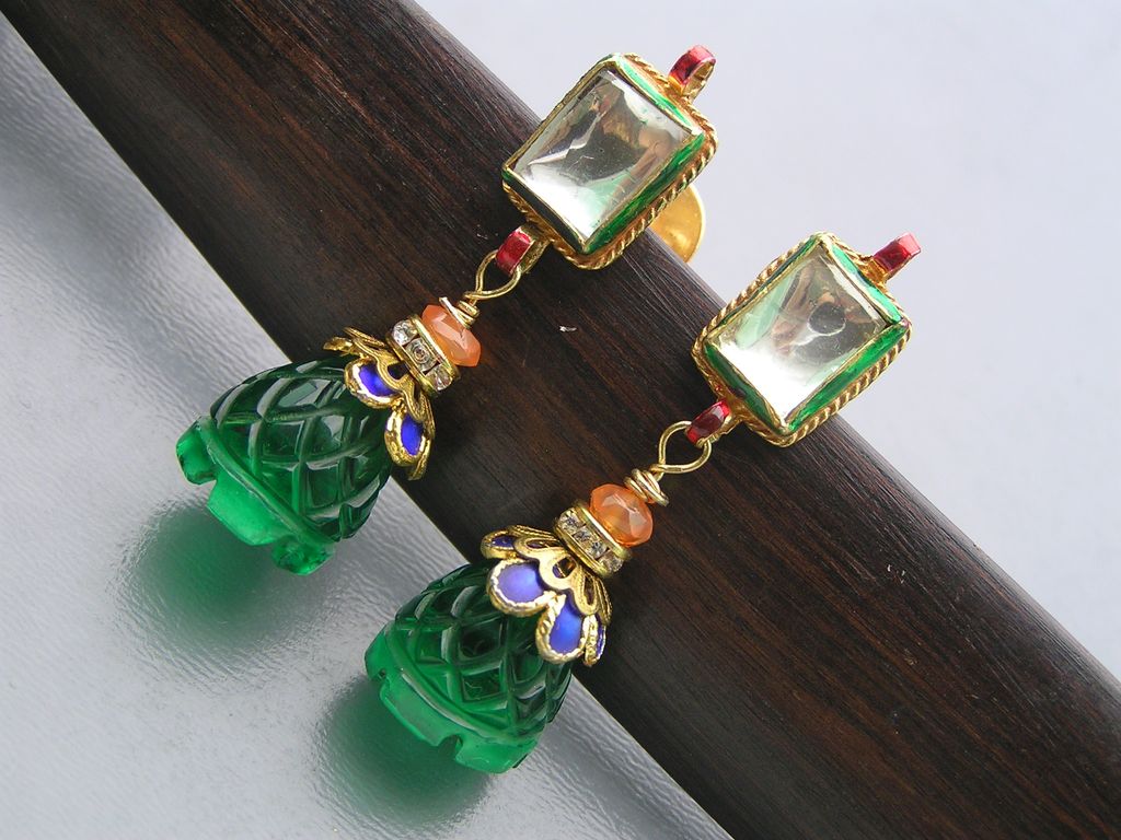 Artisan Mughal Inspired Foil Glass Enamel Dangle Earrings Artisan Mughal Inspired Foil Glass Enamel Dangle Earrings