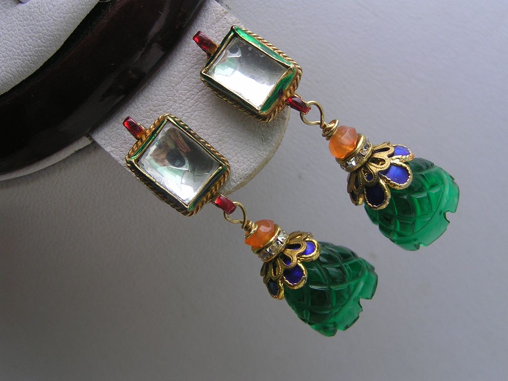 Artisan Mughal Inspired Foil Glass Enamel Dangle Earrings Artisan Mughal Inspired Foil Glass Enamel Dangle Earrings
