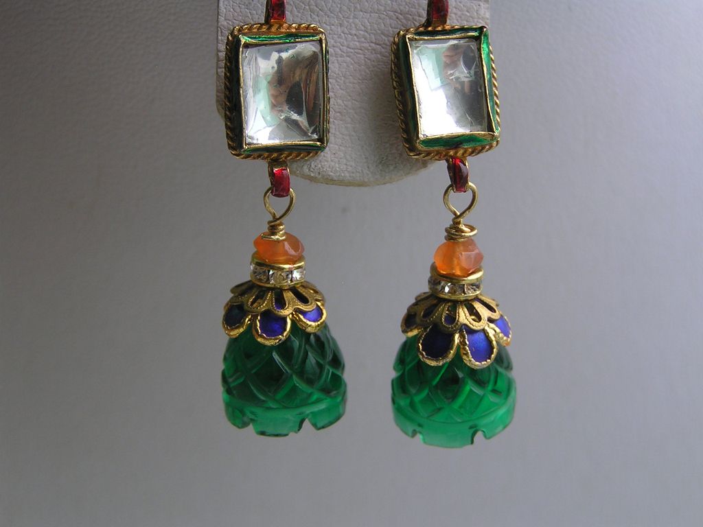 Artisan Mughal Inspired Foil Glass Enamel Dangle Earrings Artisan Mughal Inspired Foil Glass Enamel Dangle Earrings