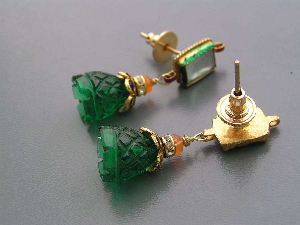 Artisan Mughal Inspired Foil Glass Enamel Dangle Earrings Artisan Mughal Inspired Foil Glass Enamel Dangle Earrings