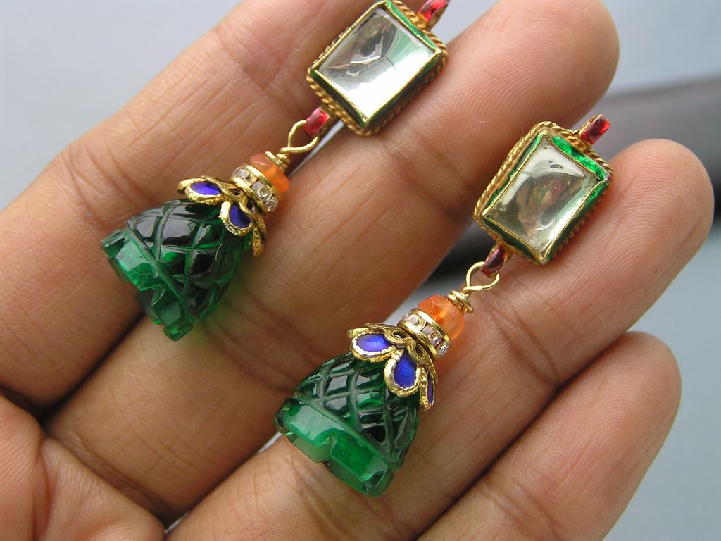 Artisan Mughal Inspired Foil Glass Enamel Dangle Earrings Artisan Mughal Inspired Foil Glass Enamel Dangle Earrings